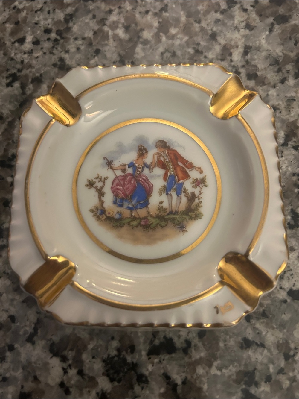 Collectible Limoges Gold-Trim White Porcelain Ashtray with Romantic Couple Motif